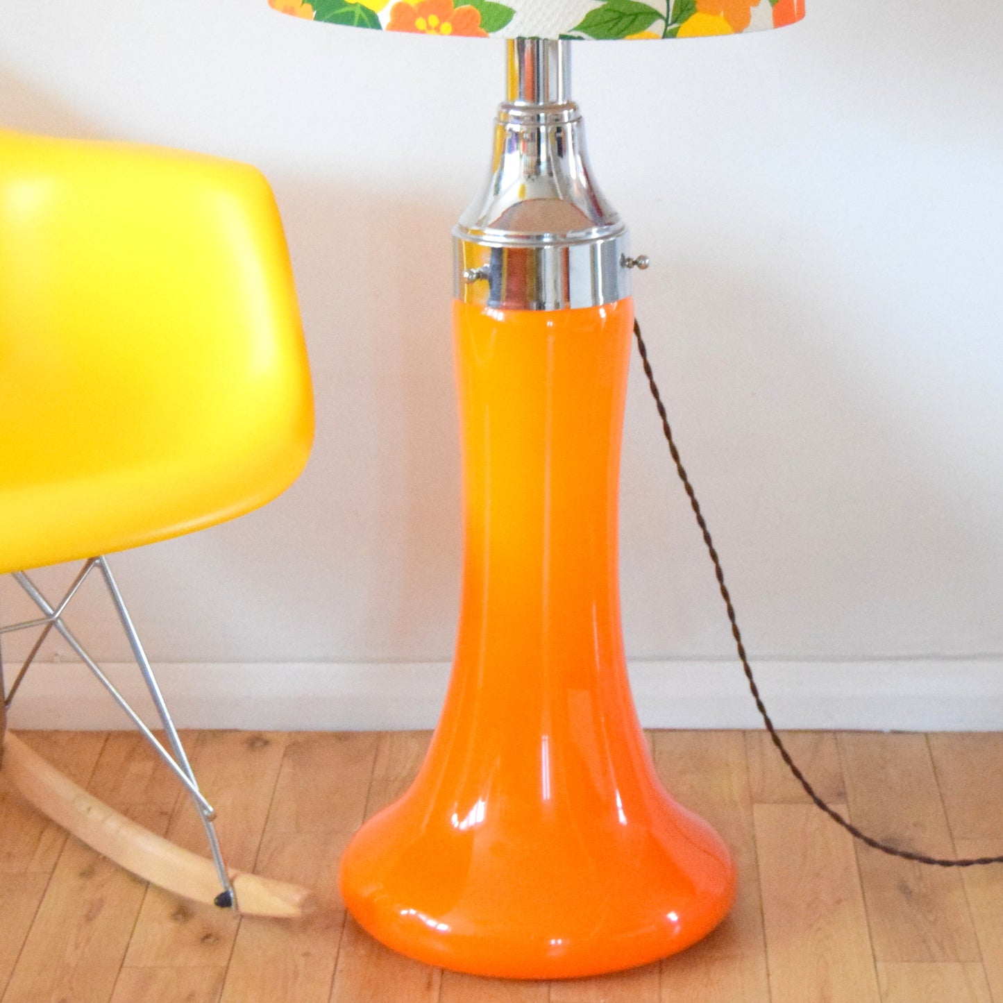 Vintage 1960s Floor Lamp - Glass / Chrome Base - Flower Power Orange Shade