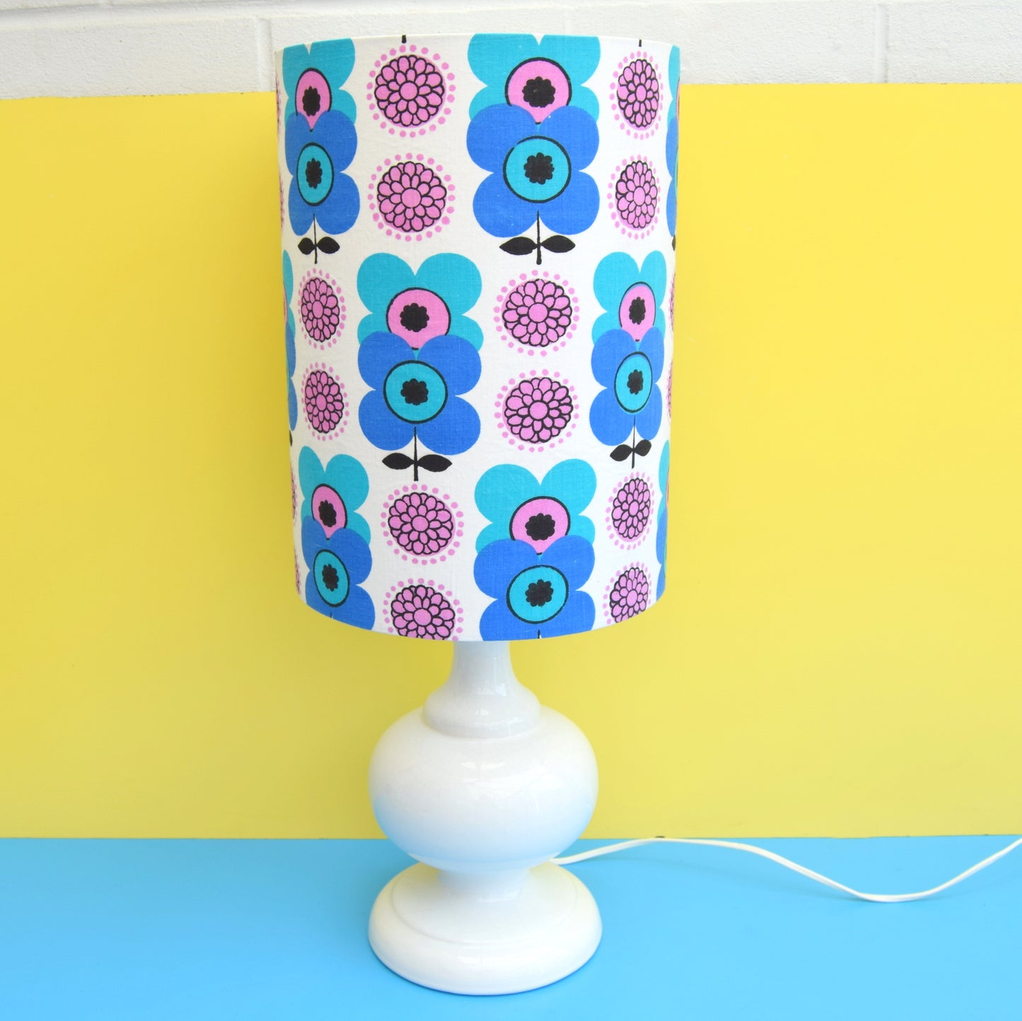 Vintage 1960s Ceramic Lamp & Shade - Flower Power - Blue