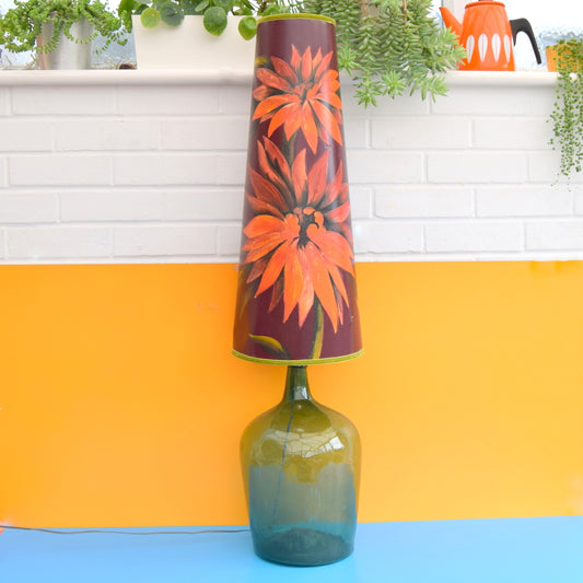 Vintage 1960s Floor Lamp - Glass Base - Hand Painted Original Shade