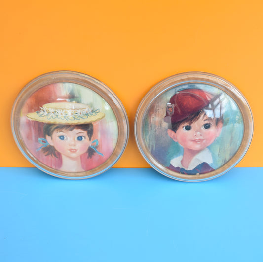 Vintage Kitsch 1960s Shabner Style Girl & Boy Round Pictures