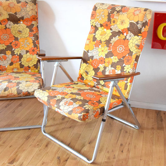 Vintage 1960s Reclining Garden Chairs - Flower Power - Orange
