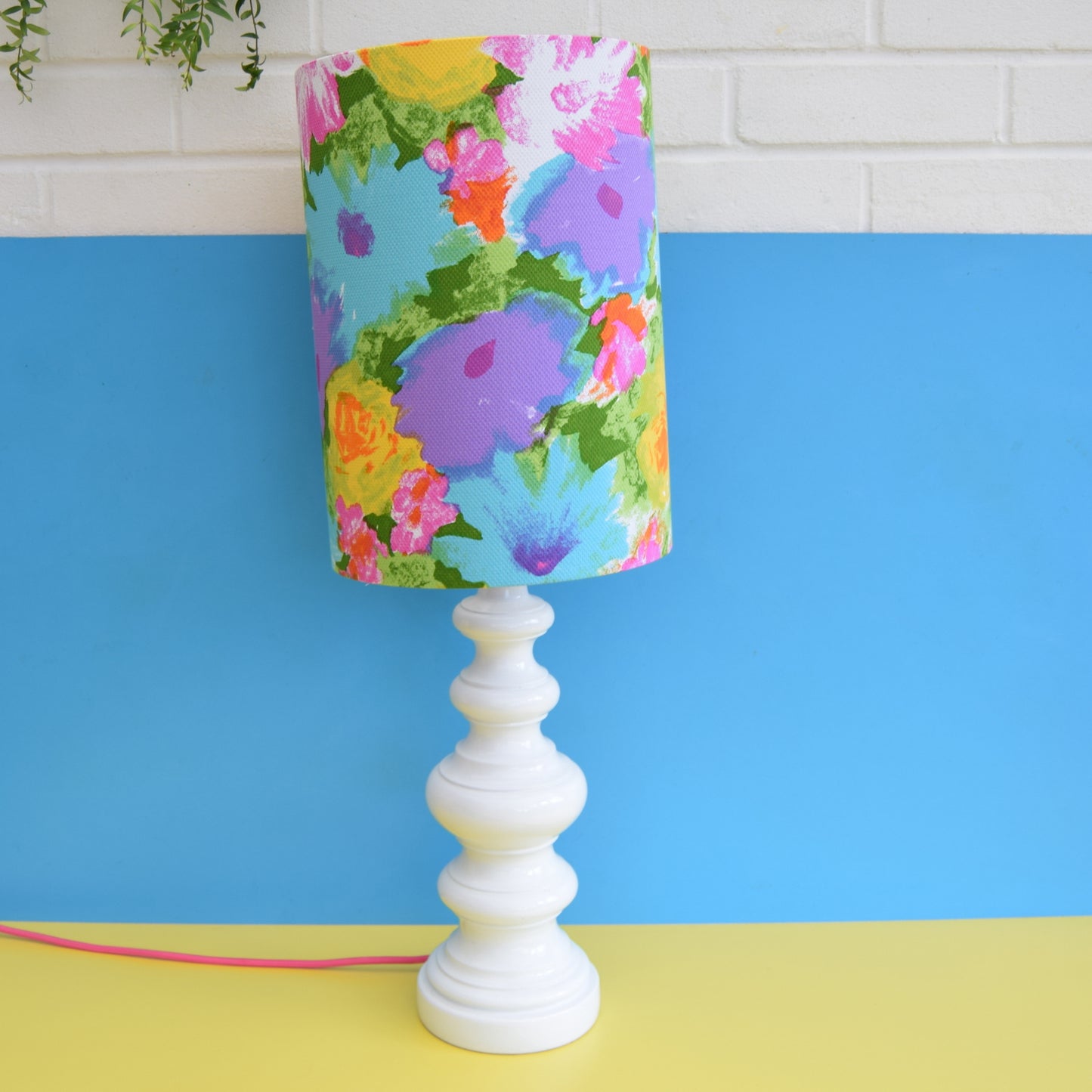 Vintage 1960s Table Lamp - Flower Shade - Pink & Turquoise