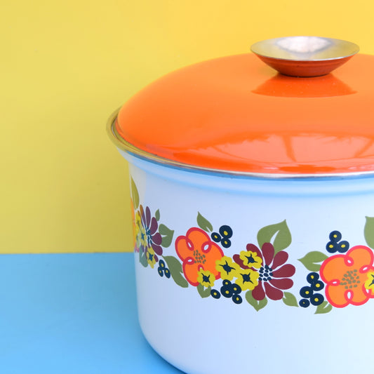 Vintage 1960s Enamel Sauce Pan - Orange & Green Flower Power