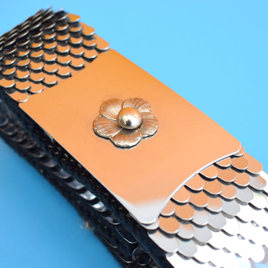 Vintage 1970s Stretchy Metal Scale / Flower Buckle Belt - Silver by Pineapple Retro