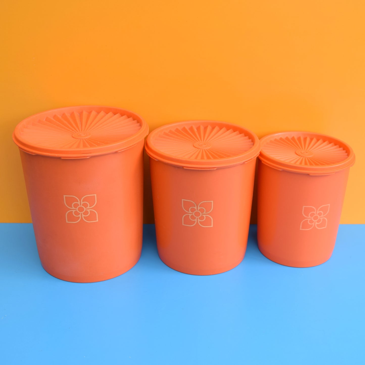 Vintage 1970s Tupperware Fan Top Containers - Orange .