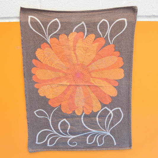 Vintage 1970s Flower Power Tea Towel - Orange & Brown