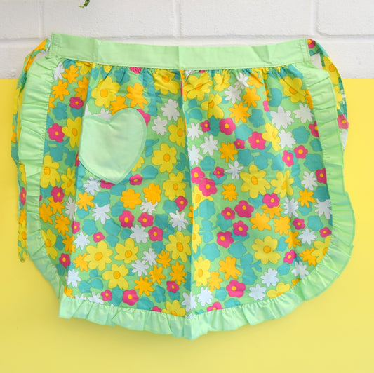 Vintage 1960s Frilled Flower Power Half Apron -Yellow, Pink & Green