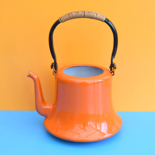 Vintage 1960s Lidless Enamel Tea Pot / Kettle - Plant ? - Orange