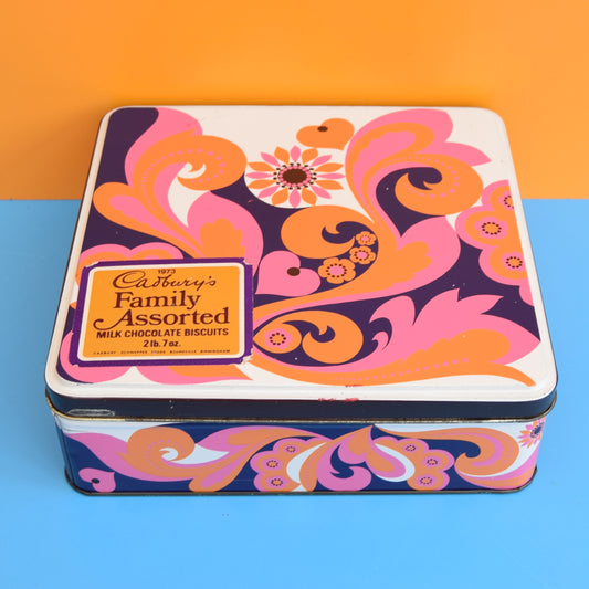Vintage 1970s Cadbury's Tin - Pink & Purple - Flower Power