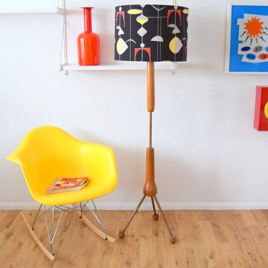 Vintage 1950s Wooden Tripod Floor Lamp - Sanderson Mobiles Shade by Vintage