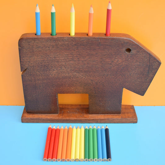Vintage 1970s Bear Pencil Holder & Rainbow Pencils by Pineapple Retro