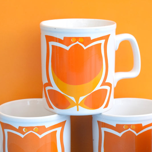Vintage 1970s Mugs - Staffordshire Pottery - White & Orange Tulip by Pineapple Retro