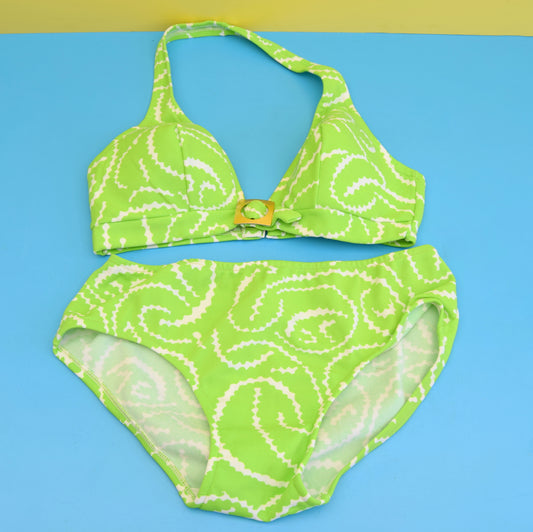 Vintage 1970s Halterneck Bikini - Geometric - Green & White Uk 12-14