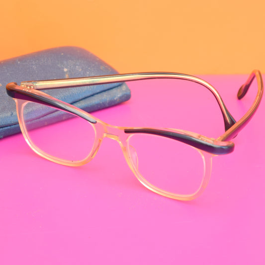 Vintage 1950s Cats Eye Reading Glasses & Case - Blue