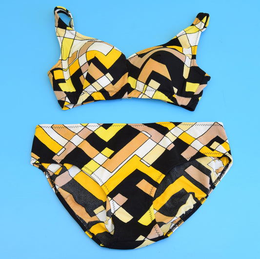 Vintage 1970s Bikini - Geometric - Yellow & Black Uk 8-14