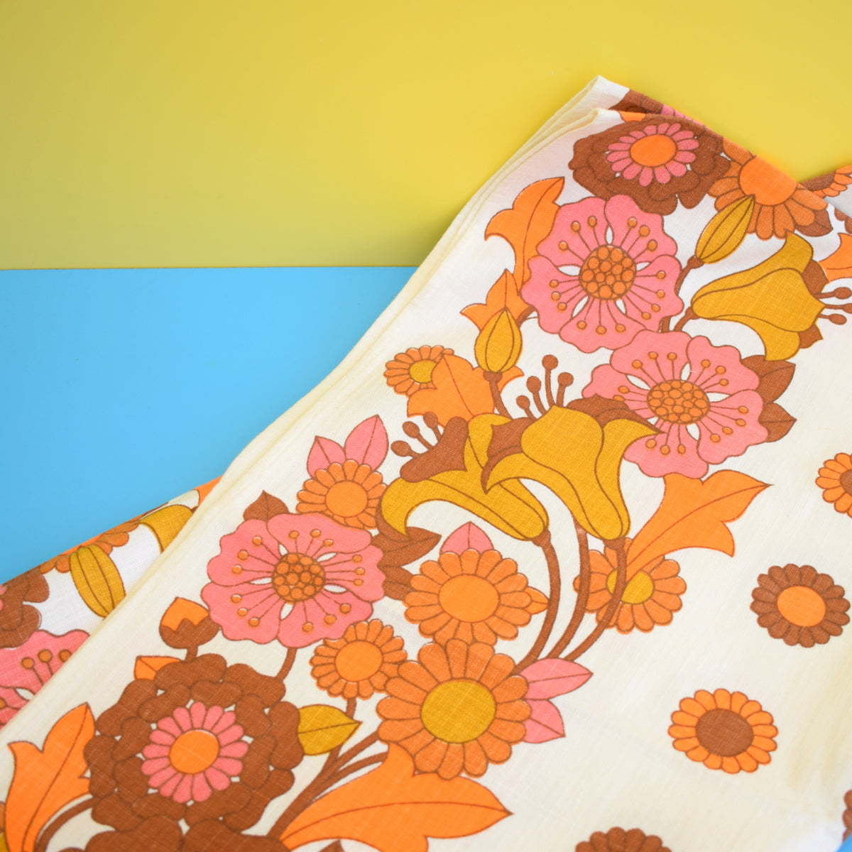 Vintage 1960s Linen/ Cotton Table Cloth - Flower Power - Pink & Orange