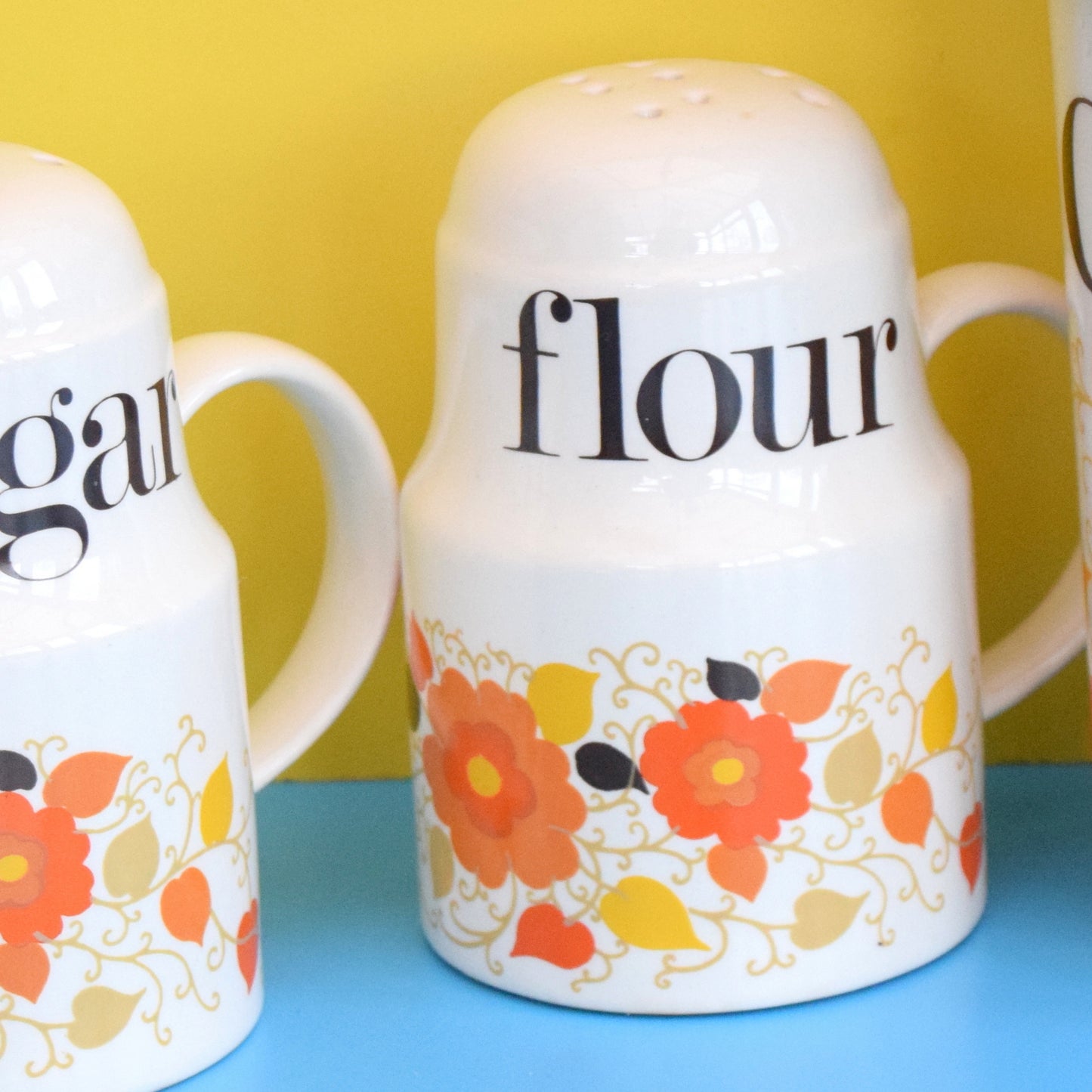 Vintage 1960s Crown Devon Ceramic Jars - Flower Power - Coffee / Sugar - Wooden Lids