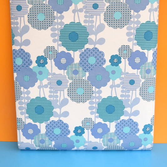 Vintage 1960s Vinyl Wallpaper - Blue Geo Flowers