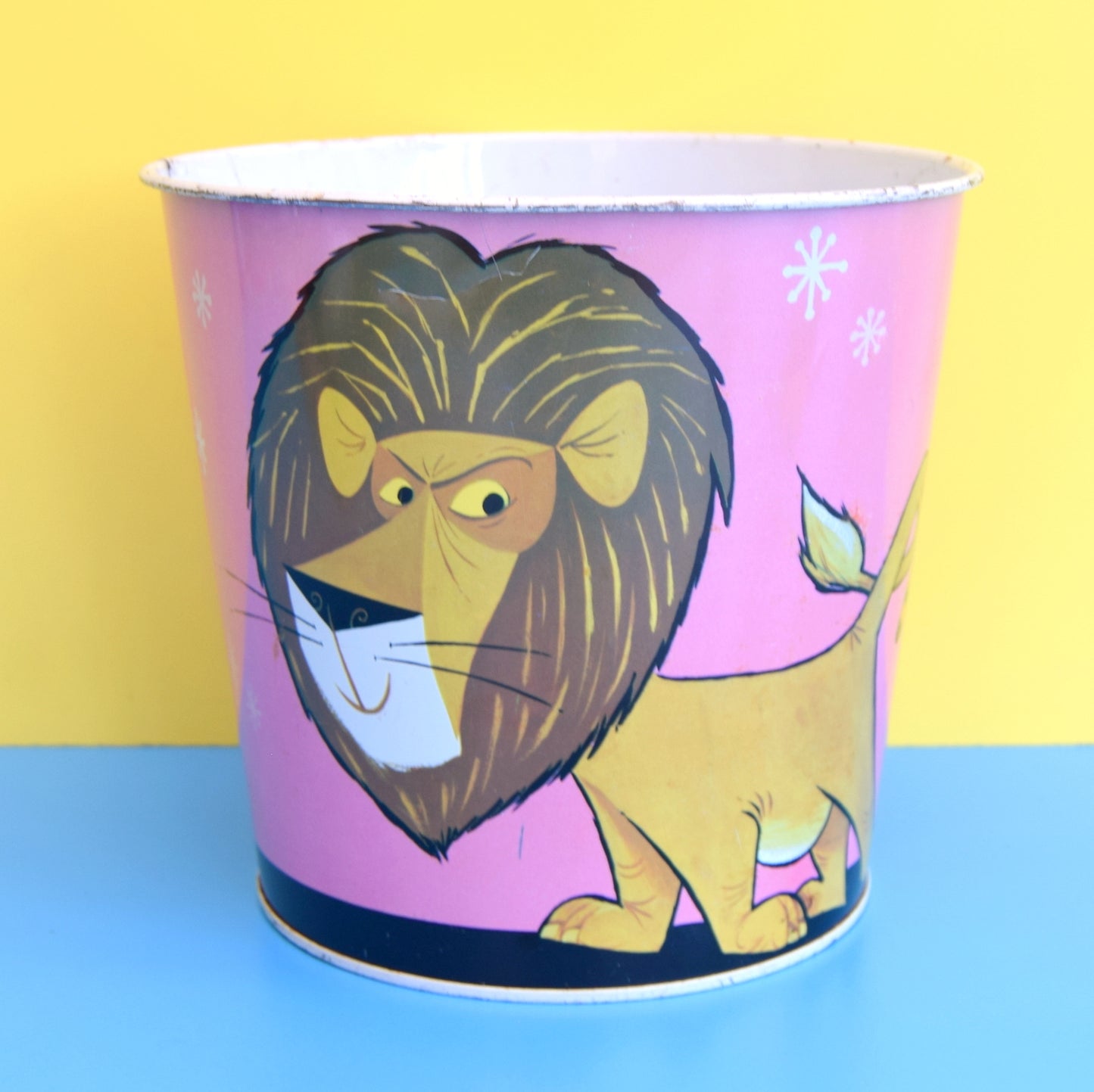 Vintage 1960s Metal Waste Paper Bin - Disney ? - Lion & Tiger