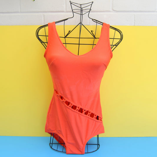 Vintage 1970s Swimming Costume - Coral Red Cutout - Uk 12-14