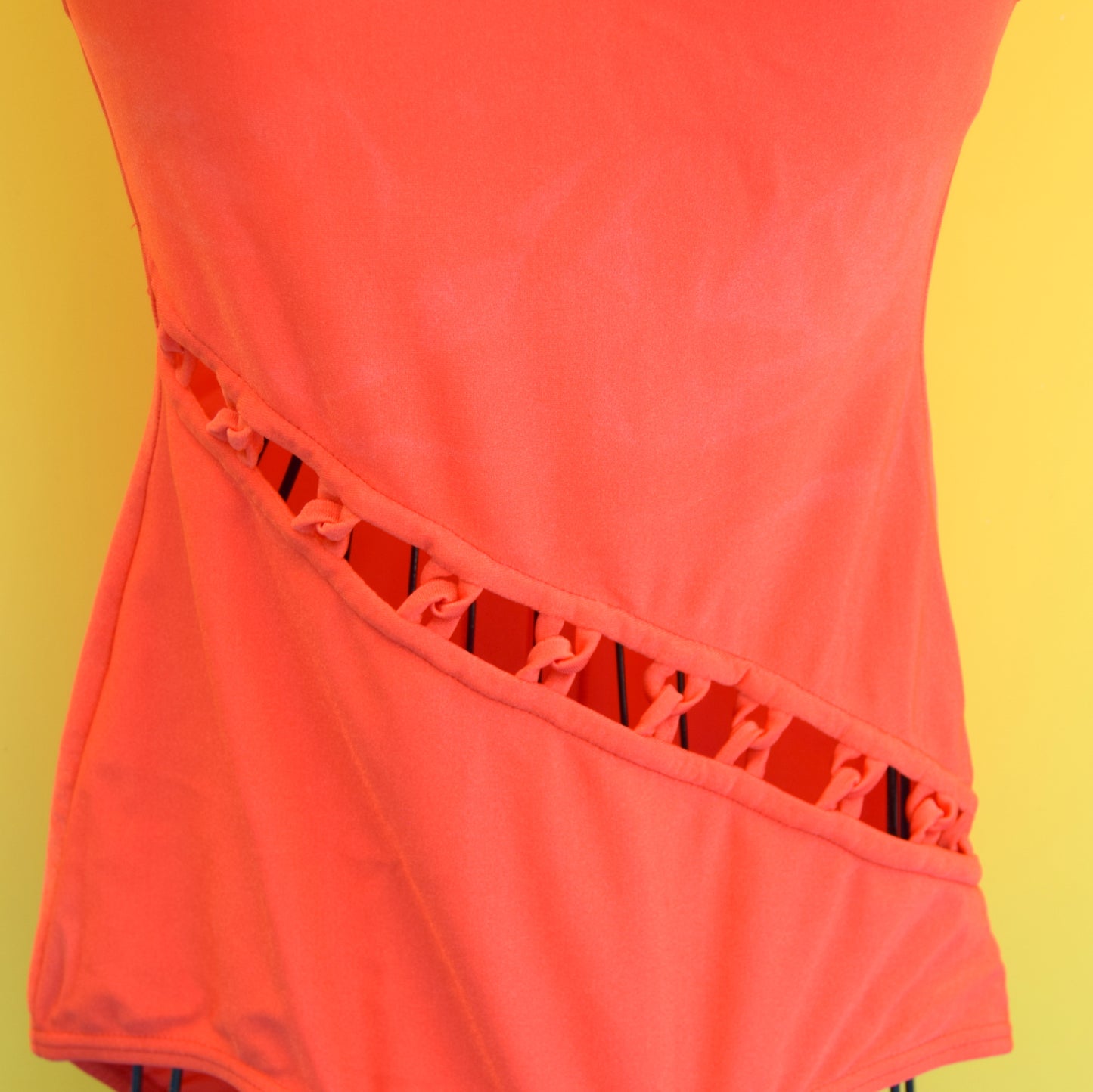 Vintage 1970s Swimming Costume - Coral Red Cutout - Uk 12-14