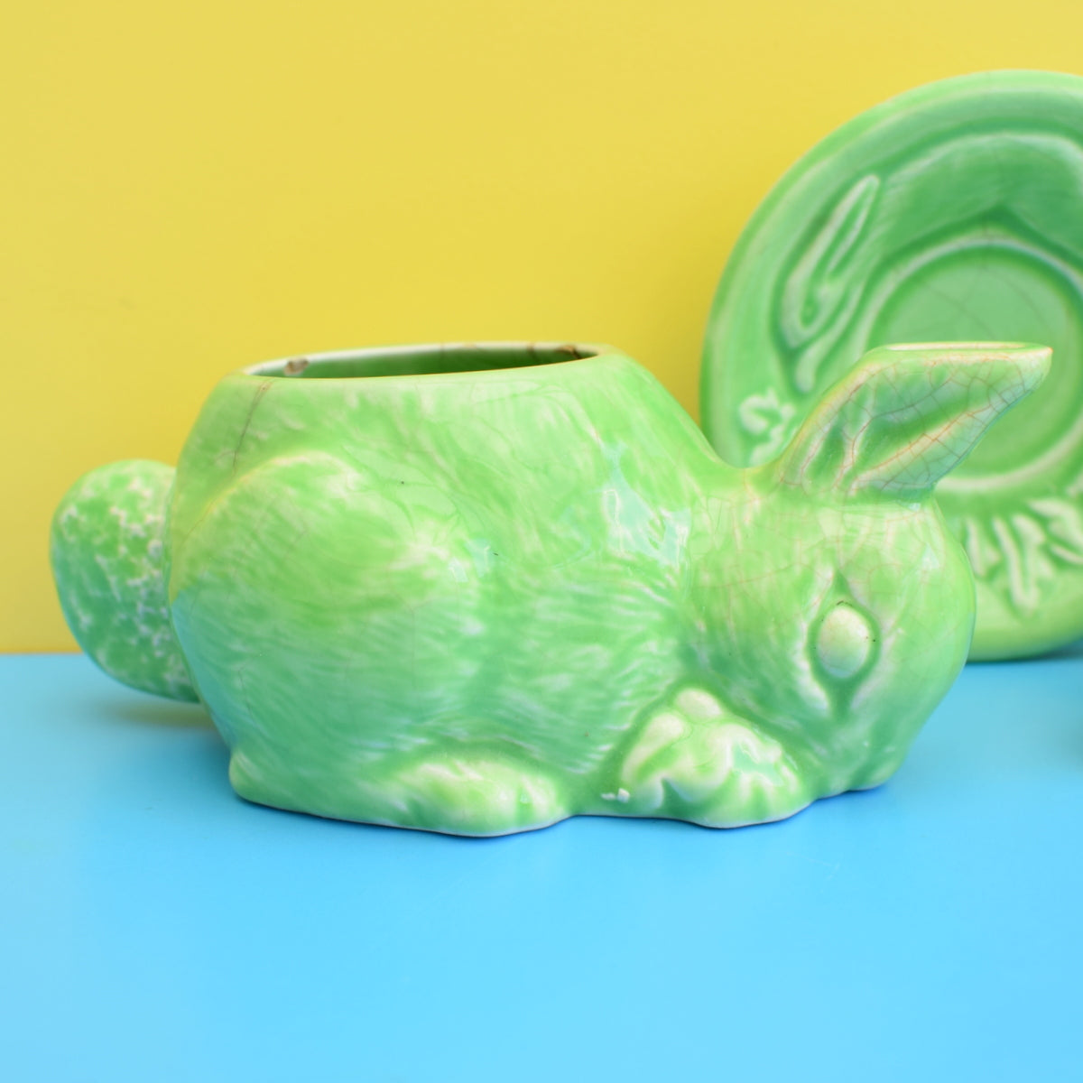 Vintage 1950s Childs Kitsch Ceramic Bunny Rabbit Tea Pot, Plate, Jug & Sugar - Green