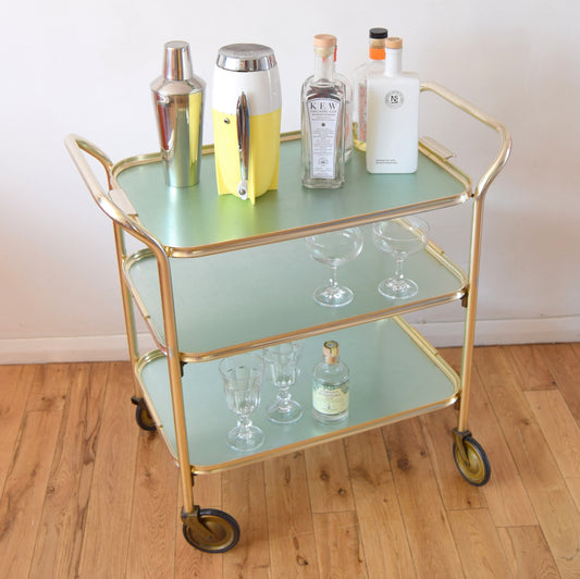 Vintage 1950s Folding Aluminium Drinks/ Plant / Display Trolley - Pale Green