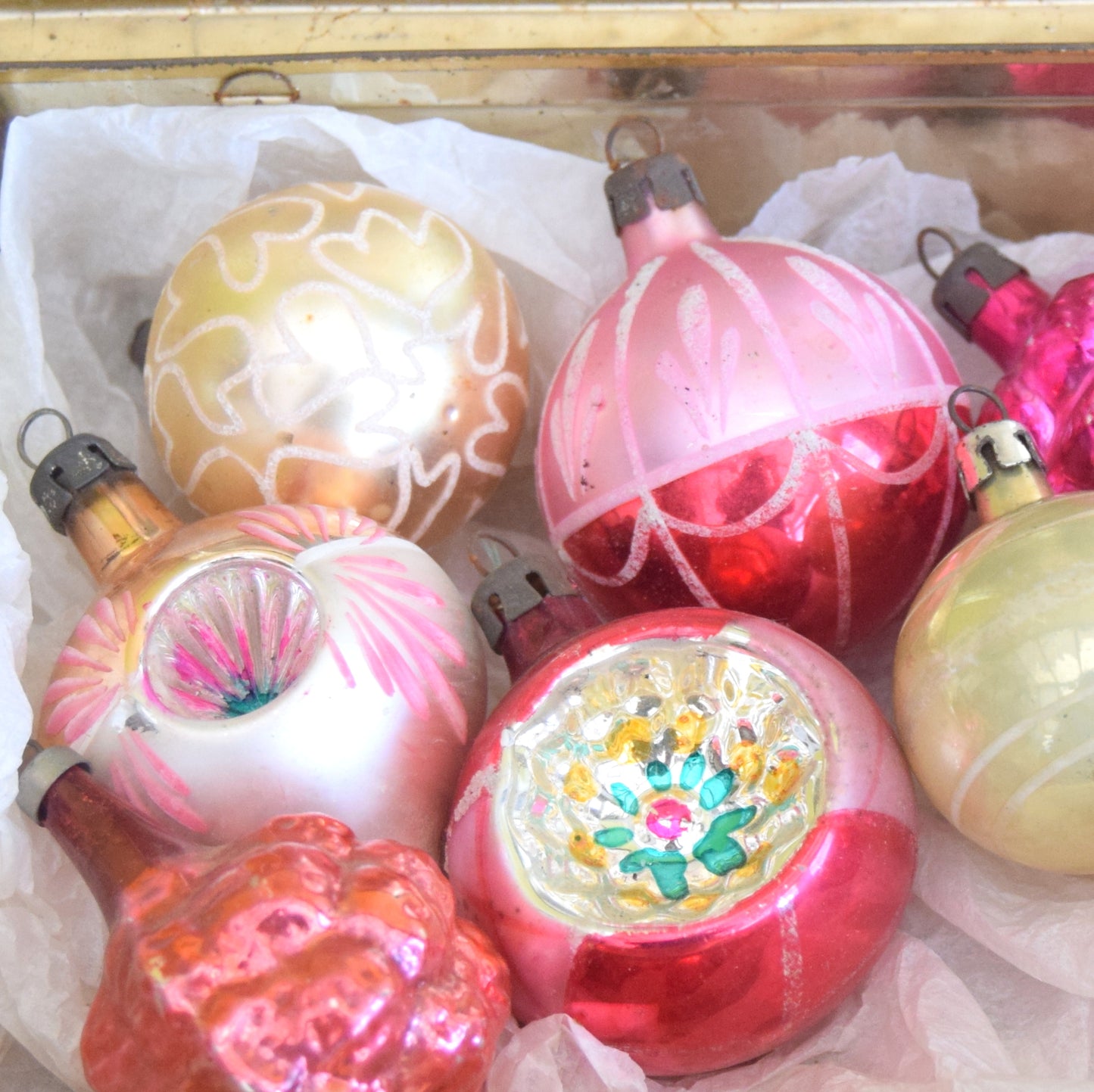 Vintage 1950s Mixed Small Glass Christmas Baubles - Pink