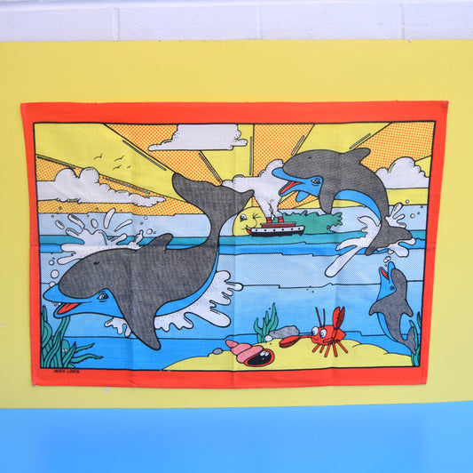 Vintage 1970s Unused Tea Towel - Lichtenstein Style Dolphins