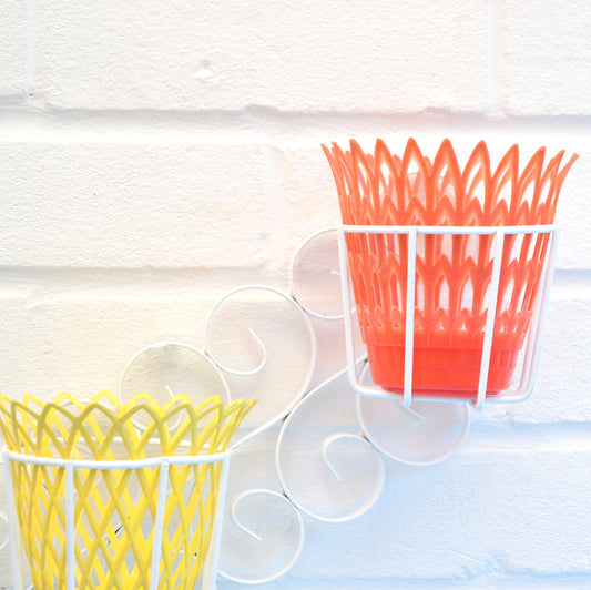 Vintage 1950s Atomic Wall Planter & Pots - White, Red, Yellow, Green