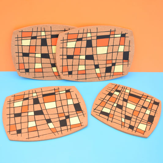 Vintage 1950s Cork Place Mats / Pan Stands x4 - Yellow, Orange, Black