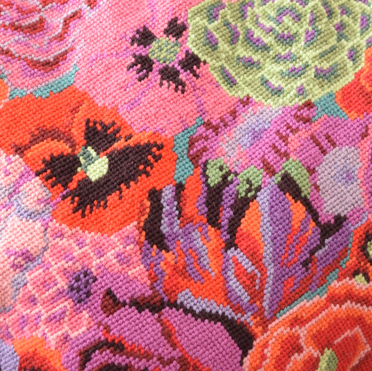 Unique Kaffe Fassett Tapestry Large Cushion & Pad - Flower Power - Orange, Pink, Purple