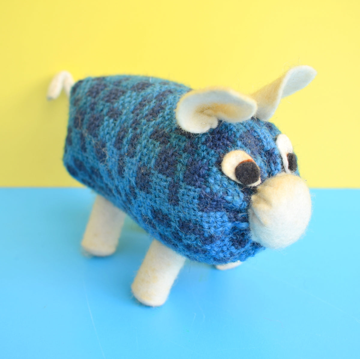 Vintage 1960s Kitsch Pig Toy - Welsh Tapestry Fabric - Blue