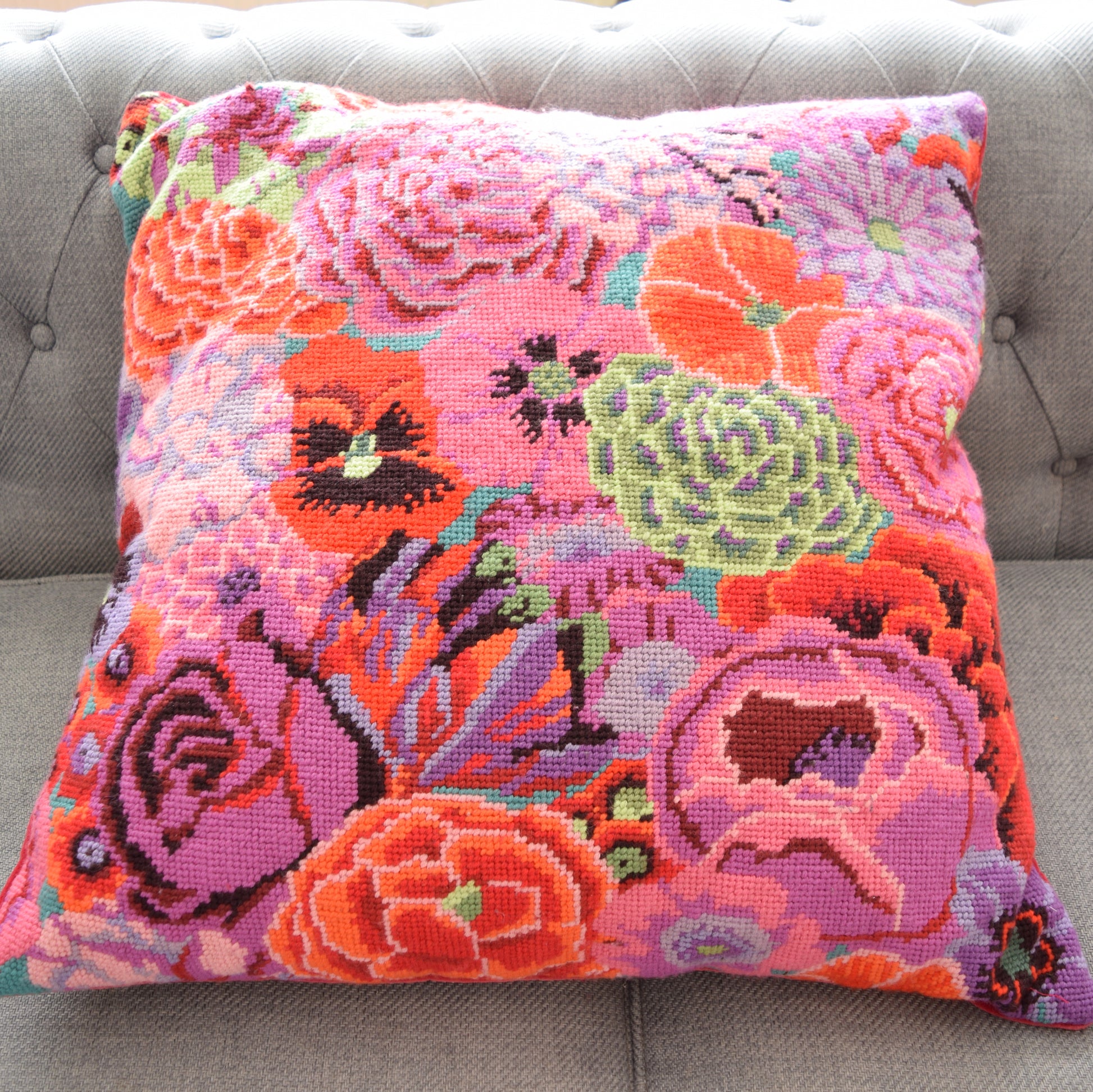 Unique Elizabeth Bradley Tapestry Large Cushion & Pad - Flower Power - Orange, Pink, Purple