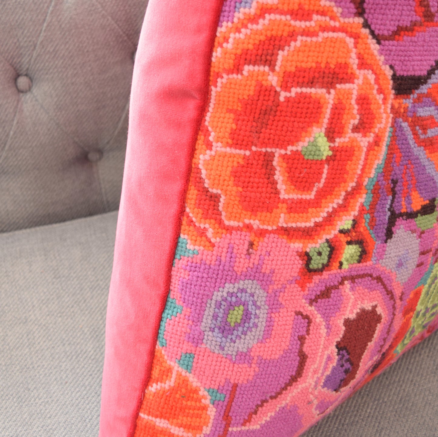Unique Kaffe Fassett Tapestry Large Cushion & Pad - Flower Power - Orange, Pink, Purple