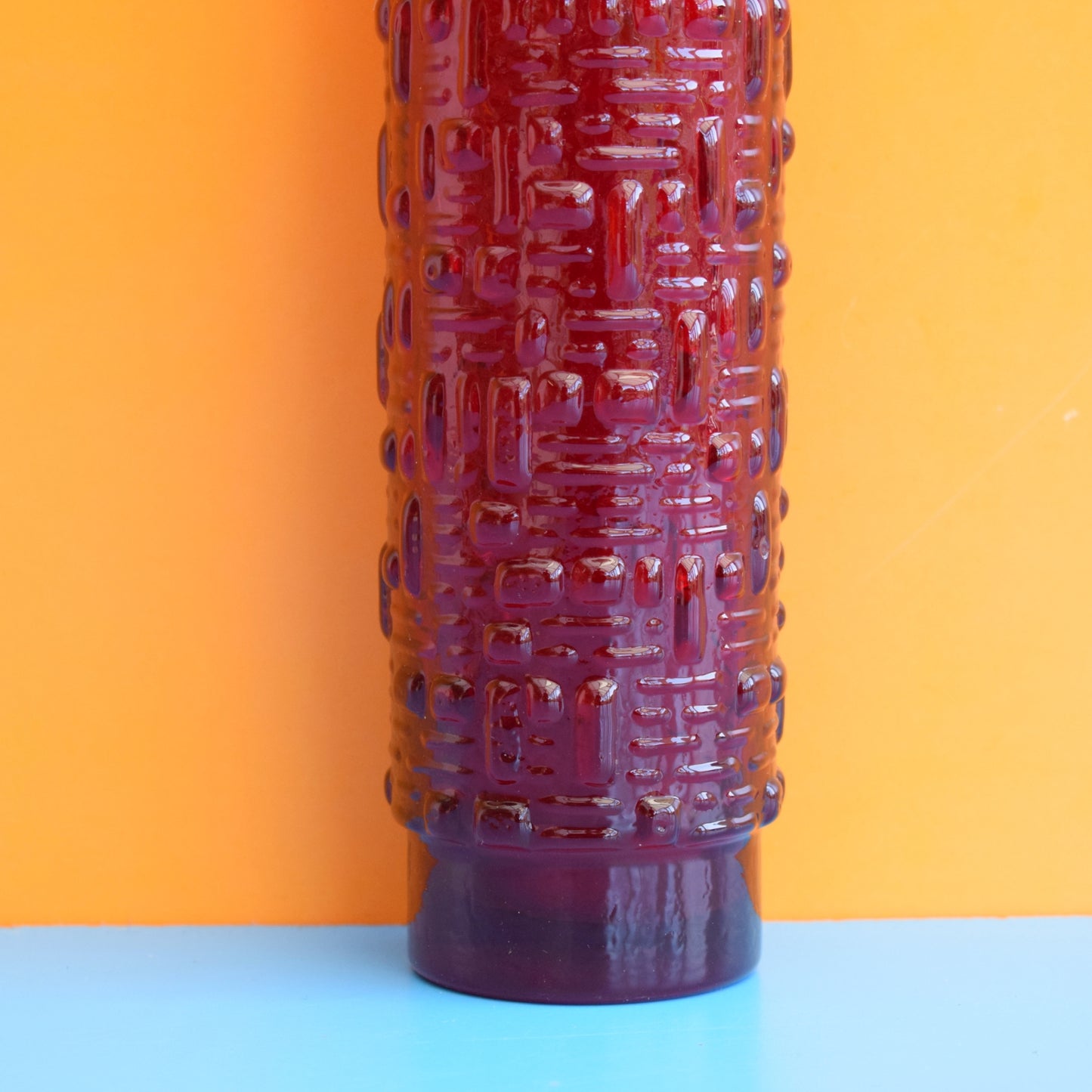 Vintage 1960s Textured Glass Vase - Ruby Red