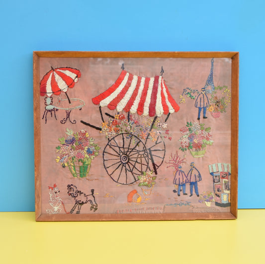 Vintage 1950s Embroidered Picture - French Scene