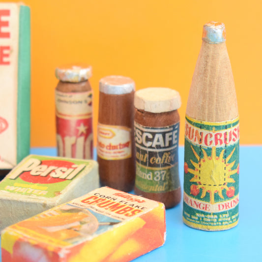 Vintage 1960s Wooden Toy Food Packets / Bottles - Homemade by Pineapple Retro