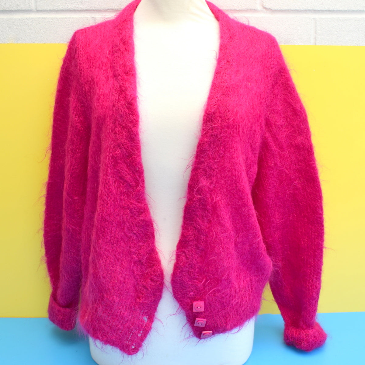 Vintage 1980s Mohair Fluffy Cardigan - One Size - Hot Pink