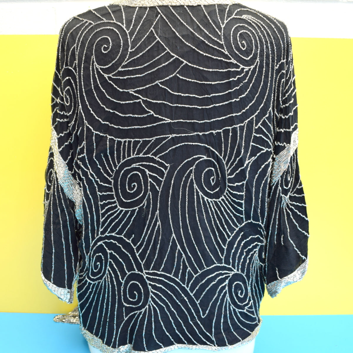Vintage 1970s Beaded Evening Cardigan / Jacket - One Size - Black & Silver