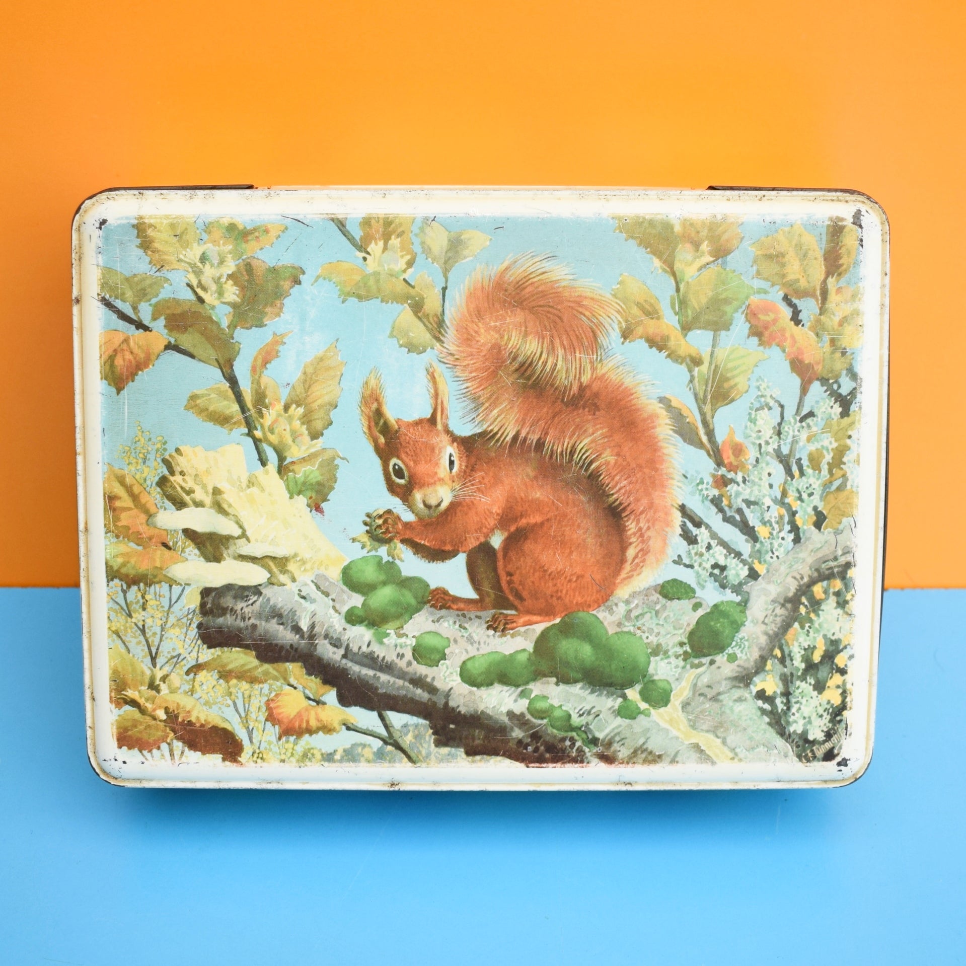 Vintage 1950s Metal Biscuit Tin - Squirrel Design by Vintage