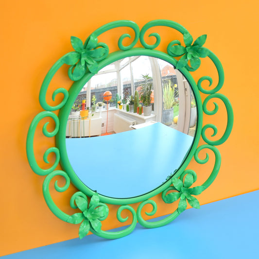 Vintage 1960s Round Metal Convex Mirror - Green by Vintage