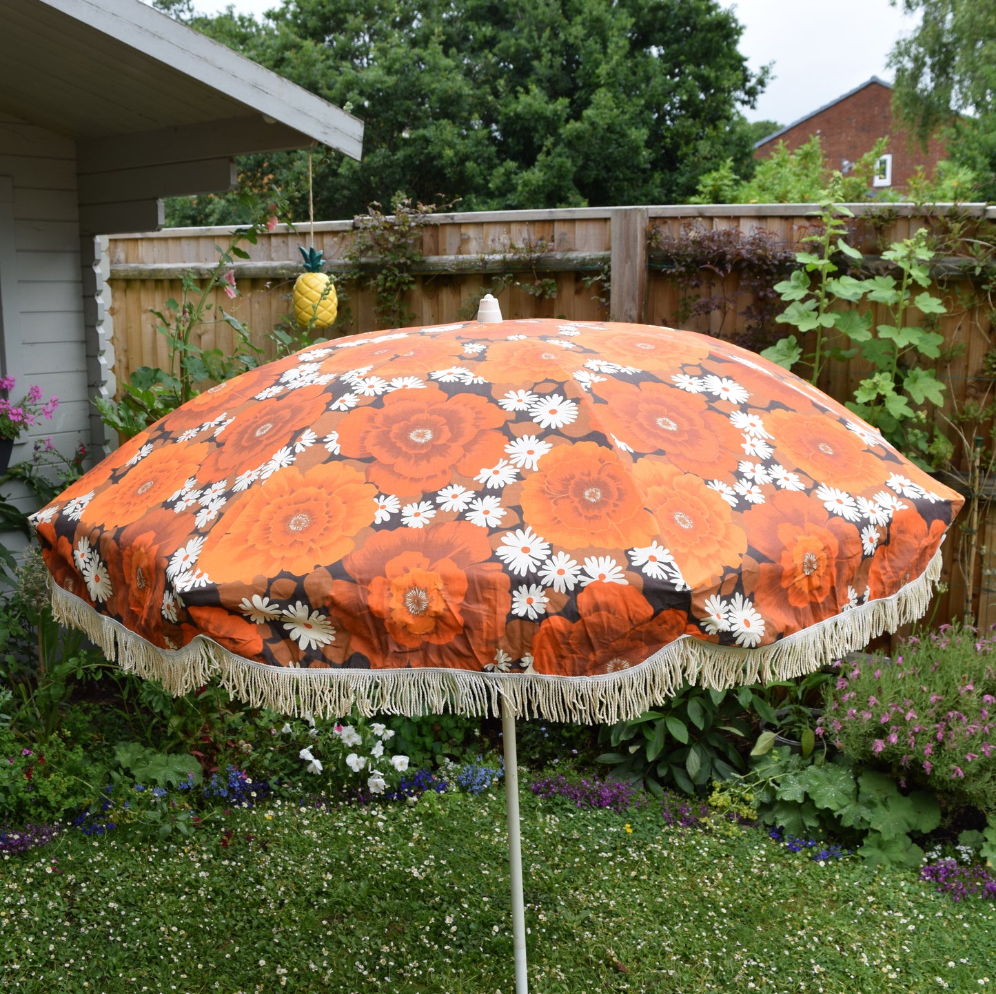 Vintage 1960s Large Folding Garden Parasol - Flower Power - Orange & Brown