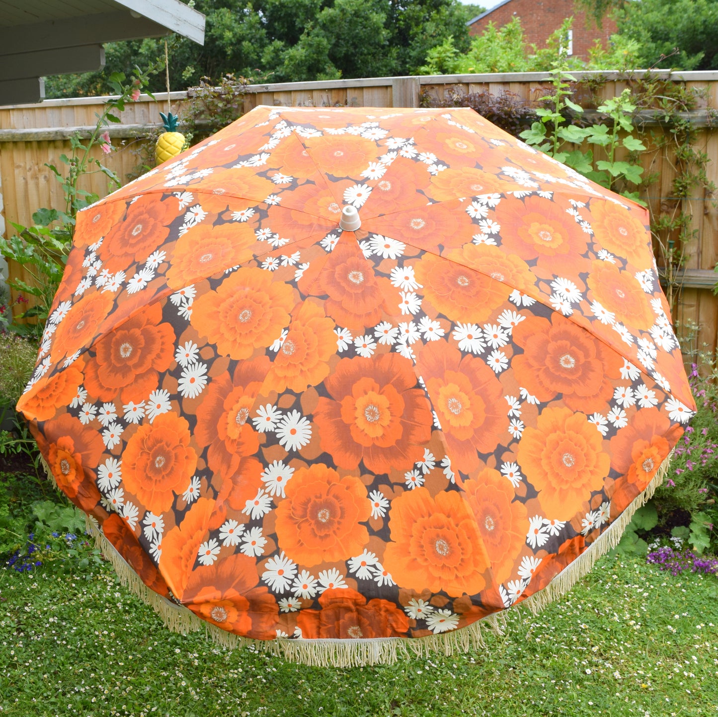 Vintage 1960s Large Folding Garden Parasol - Flower Power - Orange & Brown