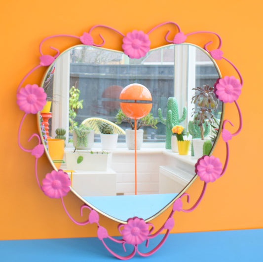Vintage 1960s Heart Shaped Metal Mirror - Pink by Vintage