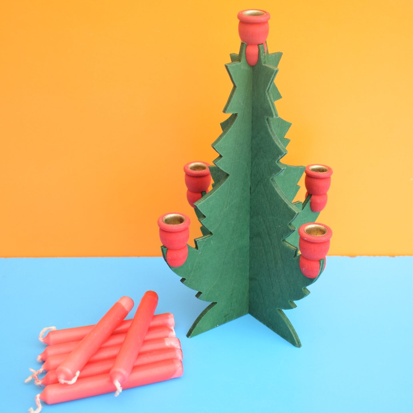 Vintage 1980s Wooden Christmas Tree Candle Holder