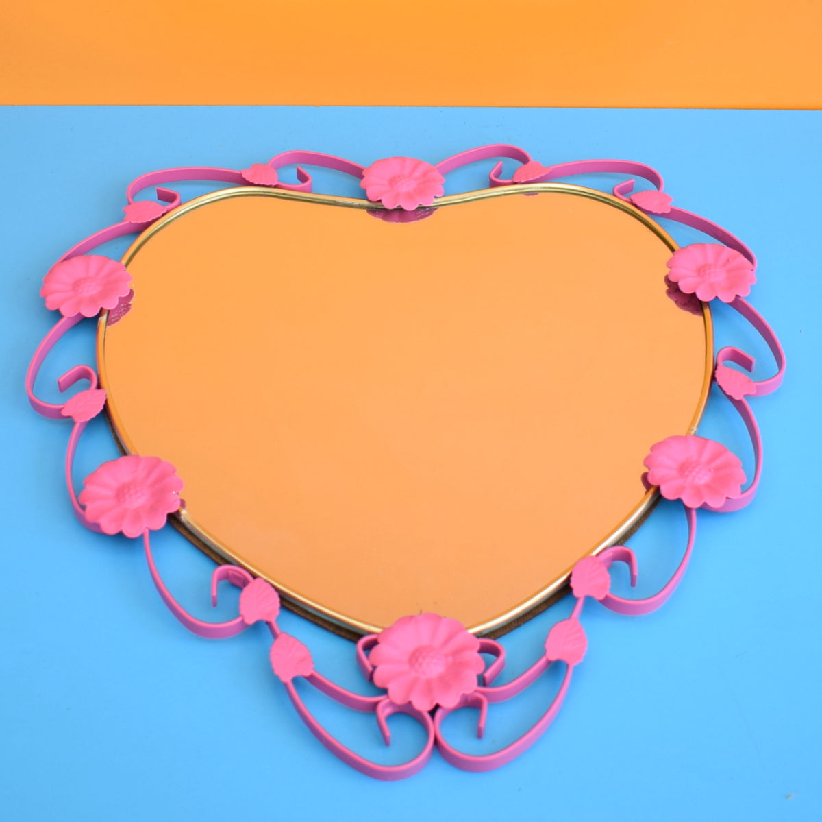 Vintage 1960s Heart Shaped Metal Mirror - Pink