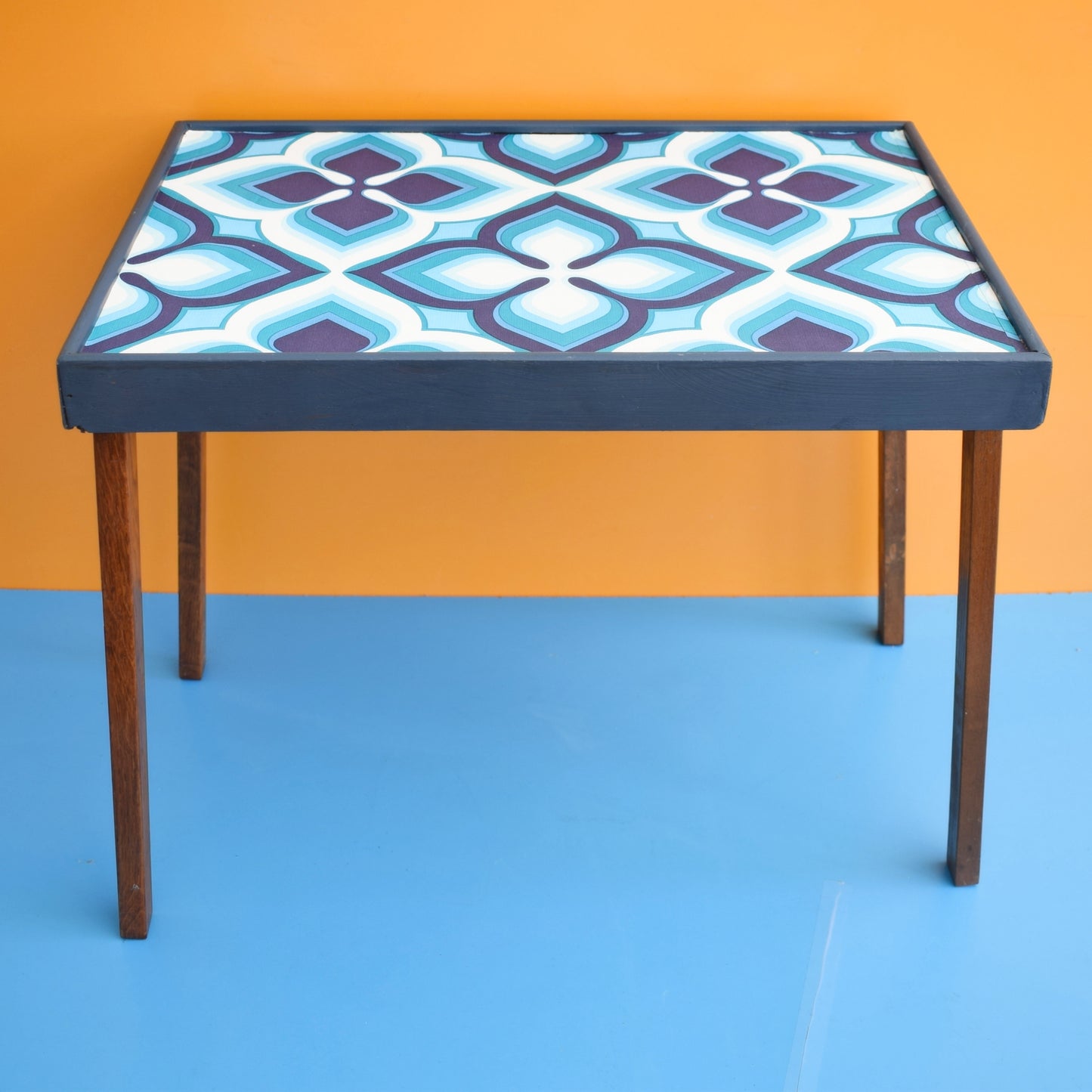 Vintage 1960s Folding Wooden Table - Blue Geometric by Vintage