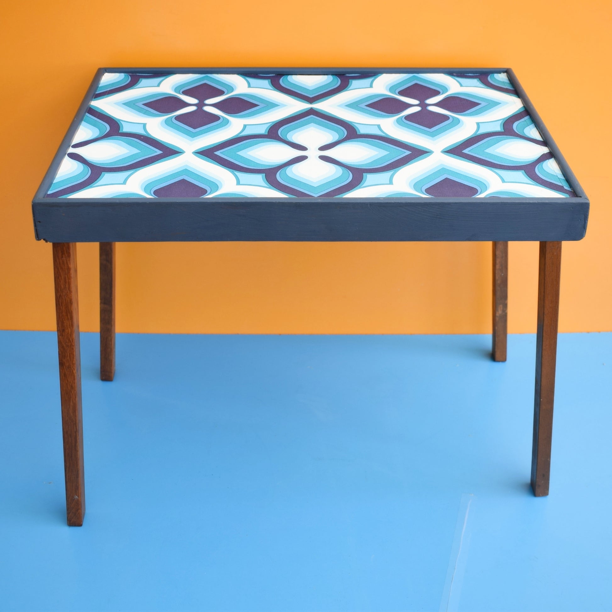 Vintage 1960s Folding Wooden Table - Blue Geometric by Vintage