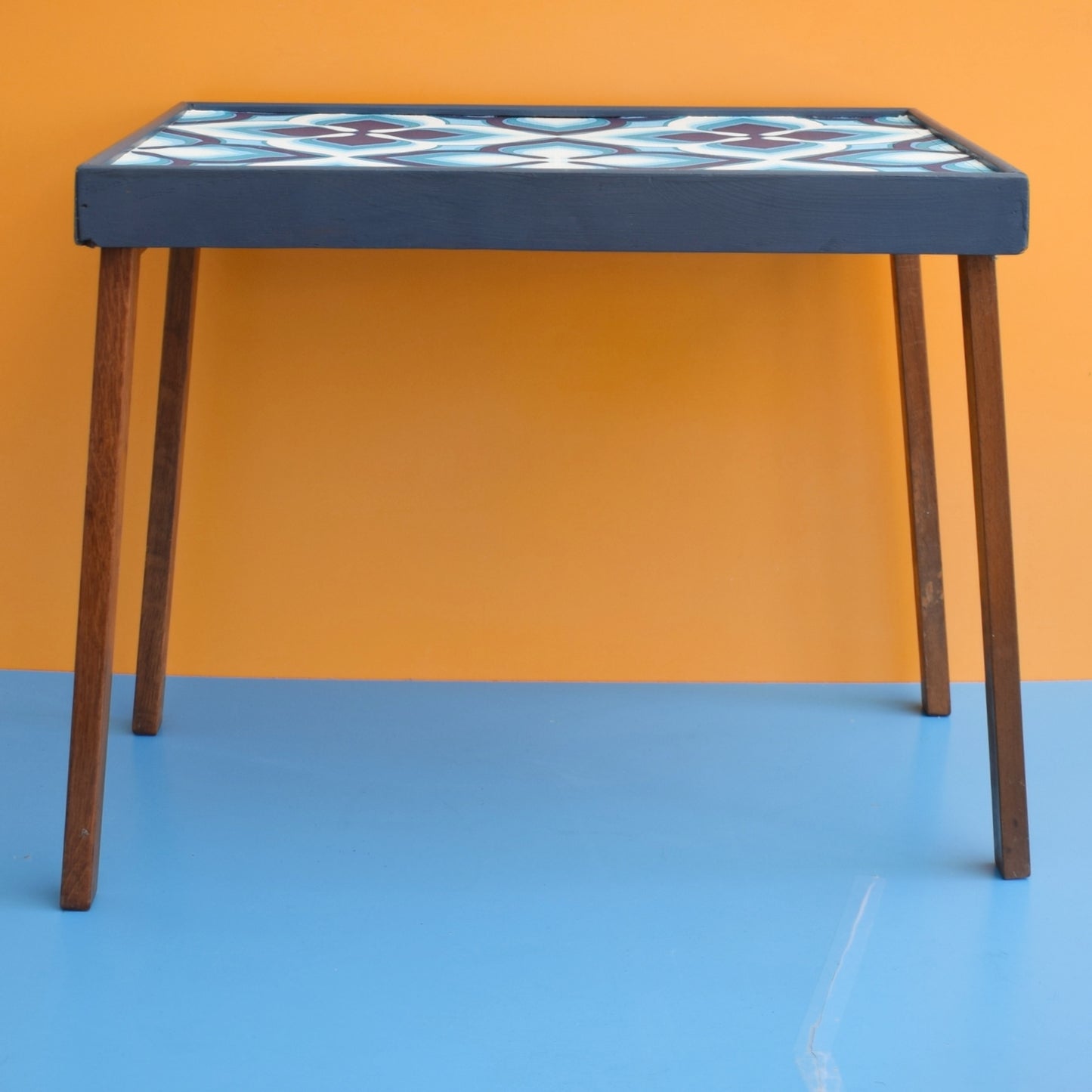 Vintage 1960s Folding Wooden Table - Blue Geometric